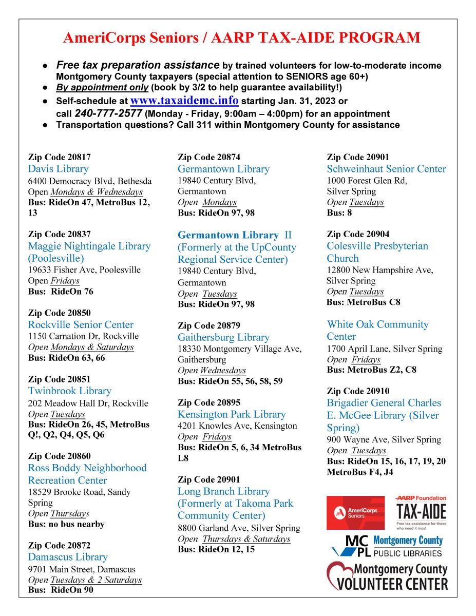 AARP RSVP TaxAide Program Montgomery County Maryland Volunteer Center